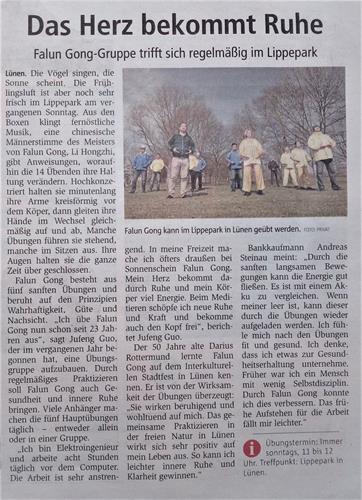 '圖：三月三十一日，德國《週末信使報》報導法輪功學員在綠嫩市麗波公園集體煉功。'