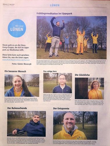 德國西部報紙《魯爾日報》整版報導法輪功學員在麗波公園的集體煉功，並採訪報導了五名法輪功學員。