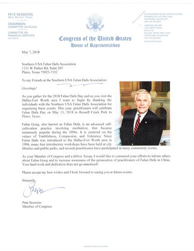 '圖1：德州第三十二選區國會議員彼得﹒賽申斯（Pete?Sessions）的賀信'