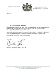 '圖10：安河北部城市蘇聖瑪麗（Sault Ste. Marie）市長Christian Provenzano的賀信'