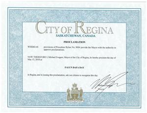 '圖14：薩斯喀徹溫省省會─裏賈納市（Regina）市長褒獎法輪大法'