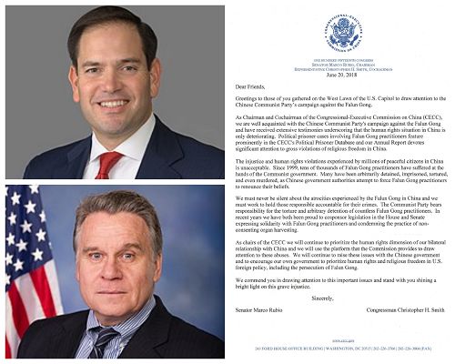 圖2：美國會及行政當局中國委員會（CECC）主席、佛羅里達州聯邦參議員馬爾科﹒盧比奧（Marco Rubio）和CECC聯合主席、新澤西州聯邦眾議員克里斯﹒史密斯（Chris Smith）聯名寫信給法輪功學員。