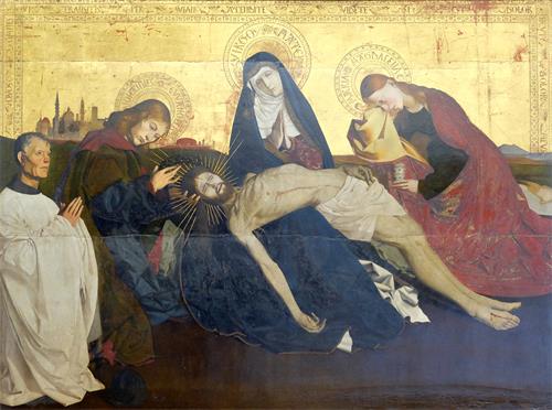 圖例：《阿維尼翁的聖母憐子》（Pietà de Villeneuve-lès-Avignon），木板坦培拉，163 × 218 釐米，此畫作者被學界鑑定為法國畫家Enguerrand Quarton，作於1455-1460年間。畫中最左側人物為此畫的捐贈出資人。
