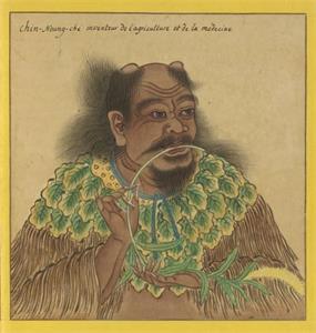 '神農氏像，出《Portraits de Chinois celebres》（歷代帝王聖賢名臣大儒遺像），十八世紀繪製，法國國家圖書館藏。（公有領域）'