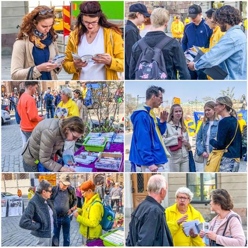 '圖4：下午兩點，法輪功學員們又來到斯德哥爾摩市中心皇宮旁最熱鬧的錢幣廣場上，繼續向當地民眾和過往路人講述法輪功真相。'