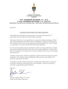 '圖3：加拿大聯邦反對黨領袖、保守黨國會議員安德魯﹒希爾（Andrew Scheer）的賀信。'