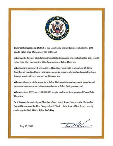 '圖7：新澤西州聯邦眾議員諾克羅斯（Donald Norcross）的賀信。'