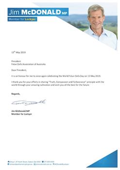 '圖8：昆州Lockyer選區議員麥克唐納（Jim McDonald）向法輪大法學會發來賀信。'