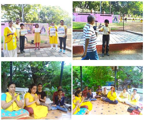 '圖2：上圖是印度西部城市普勒（Pune）的法輪功學員在公園向民眾介紹功法。下圖是南部城市班加羅爾（Bangalore）的法輪功學員在公園舉辦活動。'