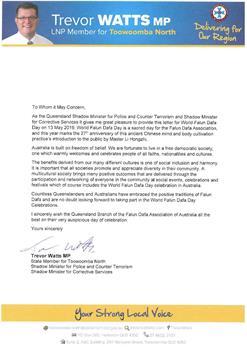 '圖2：昆州圖文巴北部（Toowoomba North）州議員特雷弗﹒瓦茨議員（Trevor Watts MP）給昆州法輪大法學會發來賀信'