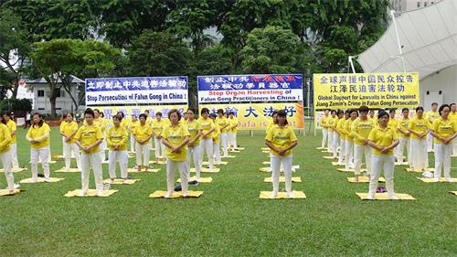 '圖1：二零一九年七月十五日下午，新加坡法輪功學員在芳林公園舉辦反迫害二十週年的紀念活動。圖為學員們在集體煉功。'