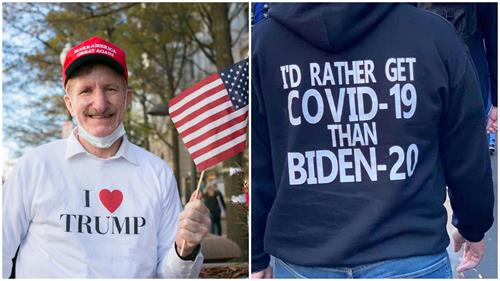 圖7：上圖左，這位男士手拿美國國旗，穿著印有「我愛川普」的上衣；圖右這位男士的體恤衫背部則印著──「我寧要中共病毒，不要20拜登（I』sd rather get COVID-19 than Biden-20）」。