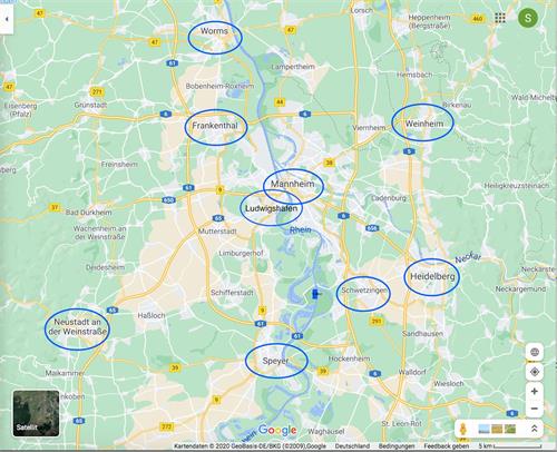 '圖1：今年自七月以來，法輪功學員每個週六都到萊茵-內卡地區（Metropolregion Rhein-Neckar）地區九座城市（如上圖所標示）舉辦信息日活動。'