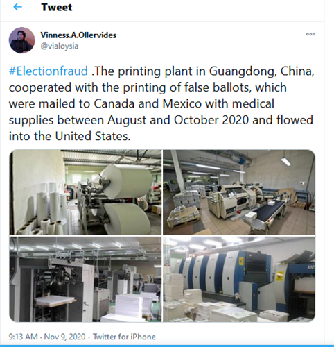 '圖：伊啟威在推特上公開的製造假選票中國工廠的照片。（網絡截圖）'