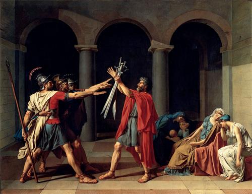 圖例：油畫《荷拉斯兄弟之誓》（Le Serment des Horaces），作者：大衛（Jacques-Louis David），作於1784年。
