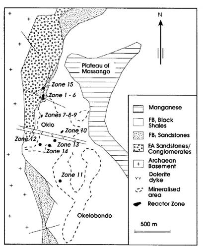 '圖1：Oklo-Okelobondo鈾礦分布圖（Gauthier-Lafaye