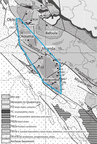 '圖4：Franceville沉積盆地西南部錳礦分布圖（Jean-Yves