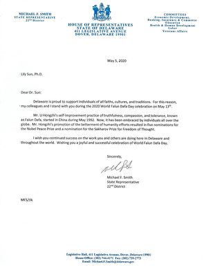 '圖11：德拉華州州眾議員邁克爾﹒史密斯（Michael F. Smith）議員的賀信'