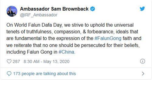 '圖2：美國宗教自由大使布朗貝克 （Sam Brownback）的推文截圖。'