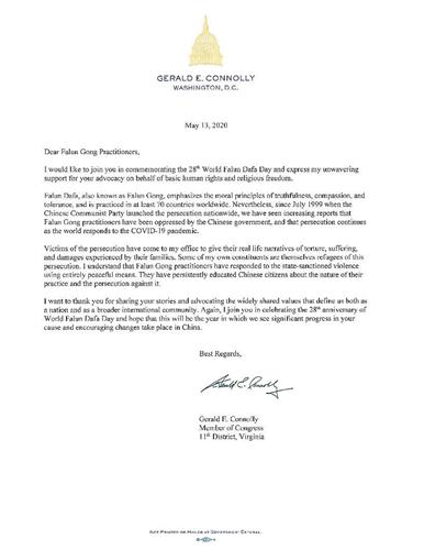 '圖5：美國聯邦眾議員康納利（Gerry Connolly）致信慶賀第二十八屆世界法輪大法日。'