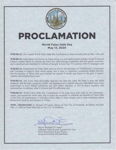 '圖7：美國馬裏蘭州弗雷德裏克市市長邁克爾﹒奧康納（Michael O』Connor）將二零二零年五月十三日定為弗雷德裏克市「法輪大法日」。'