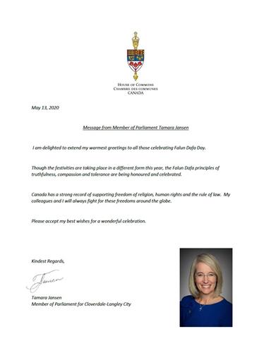 '圖2：溫哥華地區Cloverdale-Langley City選區國會議員塔瑪拉﹒詹森（Tamara Jansen）祝賀法輪大法日的賀信。'