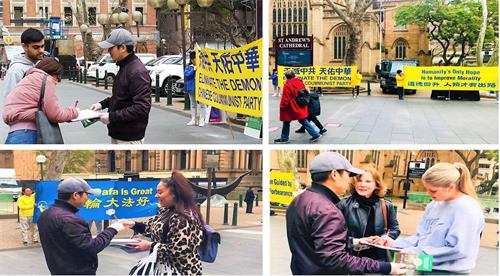 '圖10：法輪功學員在悉尼市政廳廣場打橫幅、講真相，徵集請願書簽名'