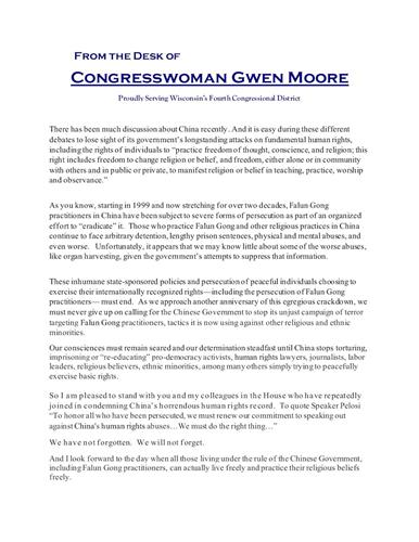 '圖5：威斯康辛州國會眾議員格溫﹒穆爾（Gwen Moore）寫給法輪功學員的聲援信。'