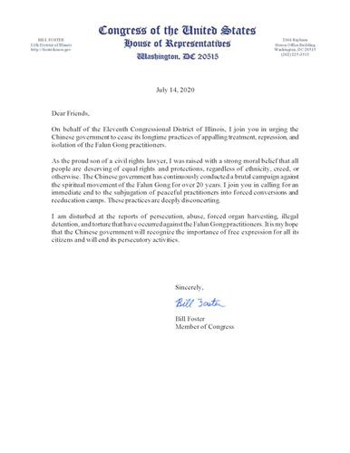 '圖6：伊利諾伊州國會眾議員比爾‧福斯特（Bill Foster）寫給法輪功學員的聲援信。'
