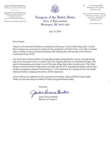 '圖8：華盛頓州國會眾議員潔米﹒赫雷拉﹒布特勒（Jaime Herrera Beutler）寫給法輪功學員的聲援信。'