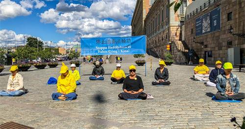'圖1：二零二零年七月七日星期二下午，斯德哥爾摩法輪功學員與往常一樣，在錢幣廣場上舉辦講真相活動。'