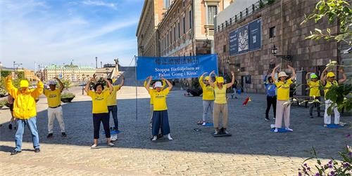 '圖1：法輪功學員在斯德哥爾摩市中心國會大廈旁的錢幣廣場舉辦講真相活動。學員在展示功法。'