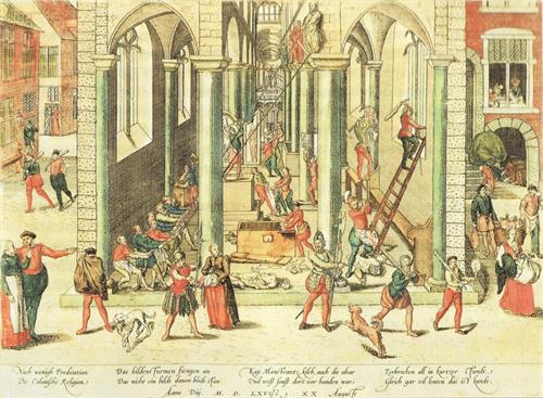圖例：1566年，加爾文派的新教徒正在毀壞安特衛普聖母主教座堂中的雕像與宗教畫，圖為弗拉芒版畫家霍根貝格（Frans Hogenberg）所繪製。