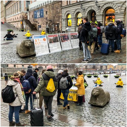 '圖1：二零二一年一月二日，法輪功學員在通往瑞典皇宮的錢幣廣場向世人介紹法輪大法「真善忍」的修煉原則，揭露中共謊言。'