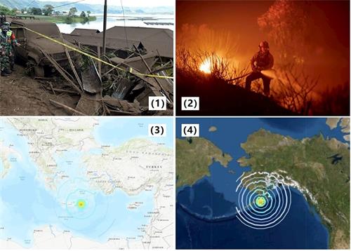 '圖：（1）二零二一年十月十六日，印尼軍事人員在巴釐島邦利縣的山體滑坡現場工作；（2）二零二一年十月十二日，在美國聖芭芭拉縣戈利塔（Goleta）附近與阿利薩爾（Alisal fire）大火搏鬥的消防員；（3）二零二一年十月十二日，希臘的克里特島發生6.3級地震；（4）二零二一年十月十一日，美國阿拉斯加沿海一帶發生6.9級地震。'