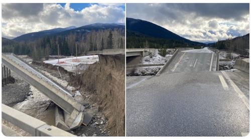 '圖1：2021年11月18日，加拿大卑詩交通部門在社交媒體上發布的圖片，顯示泥石流沖毀了該省5號公路202號出口（Exit 202）附近的路段。'