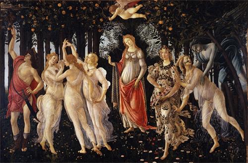 圖例：意大利畫家波提切利（Botticelli）的作品《春》（Primavera），203釐米 × 314釐米，木板坦培拉，約作於1478年～1482年間。作品描繪了神話時代裏的幾位神祇，畫中幾位女神身上透明的白色輕紗薄衣就是用透明和半透明色描繪在皮膚色層之上的。