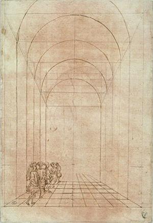 圖例：意大利畫家皮薩內洛（Pisanello）所繪的透視圖，25釐米 × 17.5釐米，作於十五世紀。