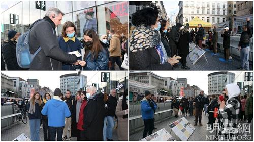 '圖1～3：二零二一年十二月十日，在布魯塞爾最繁華商業街，法輪功學員揭露中共活摘器官的罪惡，民眾圍觀並了解反迫害真相。'