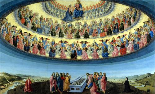 圖例：佛羅倫薩畫家波提契尼（Francesco Botticini）所繪的《聖母升天》（Assunzione della Vergine），木板坦培拉，228.6釐米×377.2釐米，作於1475年～1476年。