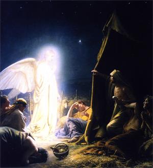 圖例：丹麥畫家布洛赫（Carl Bloch）的油畫《牧羊人與天使》（The Shepherds and the Angel），作於1879年。