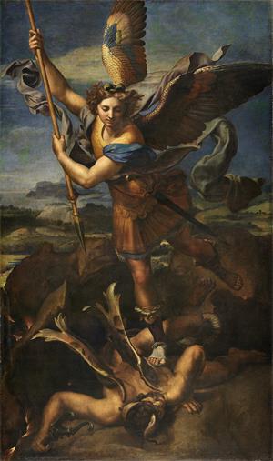 圖例：拉斐爾（Raphael）的《聖米迦勒戰勝撒旦》（Saint Michael Vanquishing Satan），268釐米 × 160釐米，原為木板油畫，後經換背為布面油畫，作於1518年，現存於巴黎盧浮宮。