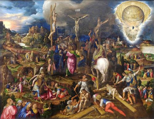 圖例：意大利畫家坎皮（Antonio Campi）所繪的《基督受難、復活和升天的奧義》（Les Mystères de la Passion, de la Résurrection et de l'Ascension du Christ），165釐米 × 205釐米，原為木板油畫，後經換背為布面油畫，作於1569年，現存於巴黎盧浮宮。