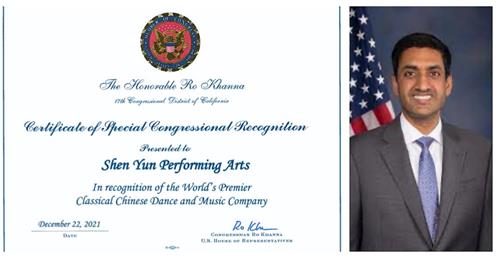 '圖7：國會眾議員羅﹒卡恩納（Ro Khann）在褒獎中，表彰「神韻藝術團是世界首屈一指的中國古典舞和音樂藝術團。」（明慧網合成圖片）'