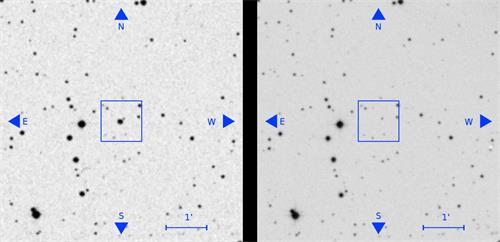 '舊拍攝檔案（左）的恆星在新拍攝檔案（右）中消失（Image credit：Villarroel et al. （2019））'