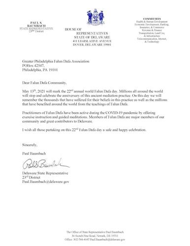 '圖1：特拉華州眾議院保羅﹒邦巴赫議員的賀信'