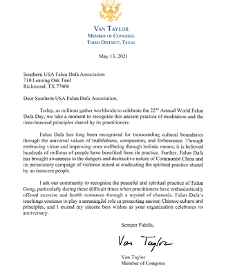 '圖2：美國聯邦眾議員 范﹒泰勒（Van Taylor）的賀信'