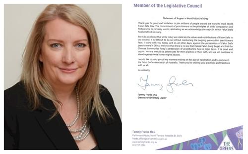 '圖9：南澳州立法會議員、綠黨議會領袖弗蘭克斯（Tammy Franks MP）的賀信。'