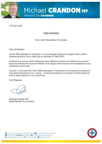 '圖16：昆州自由國家黨州議員克蘭登（Michael Crandon MP）先生的賀信。'