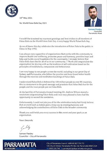 '圖22：悉尼帕拉馬塔市議員潘迪（Cr Sameer Pandey）先生的賀信。'